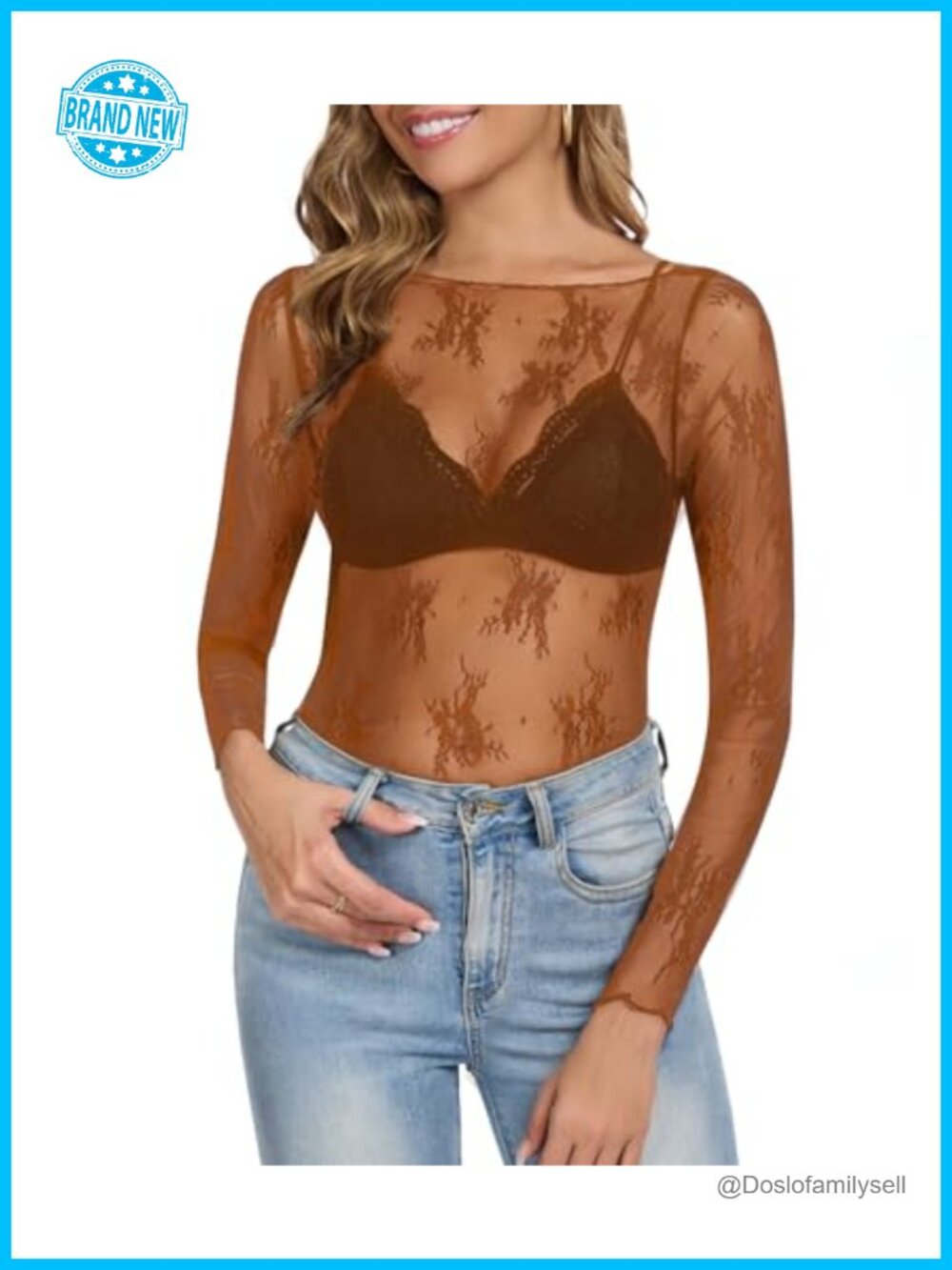 Sheer Mesh Lace Long Sleeve Blouse Boat Neck Floral Top